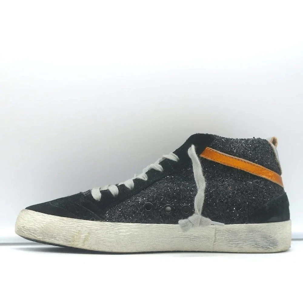 Golden Goose Mid Star Glitter Wing Tip Sneakers Black with Silver Star Size 38 - Picture 6 of 11